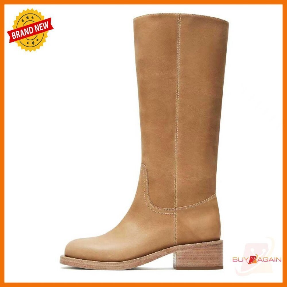 Knee High Riding Boots Block Heel Wide Calf Side Zipper Studded